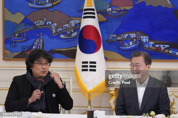 Director Bong Joon-ho meets with South Korean President Moon Jae-in at the Presidential Blue House on February 20, 2020 in Seoul, South Korea....