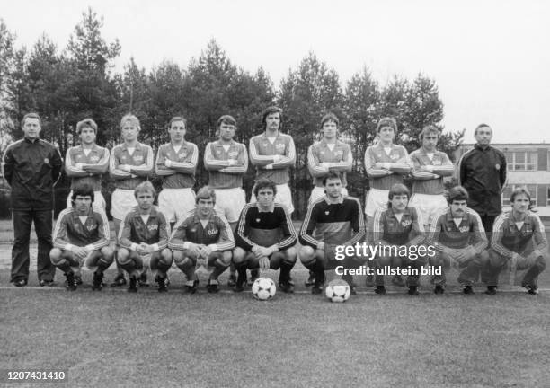 East German National Football Team 1983, back row from left to right coach Klaus Petersdorf, Hans-Juergen Doerner, Matthias Liebers, Frank Baum,...