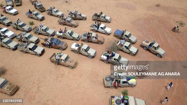 An aerial view of Militants from the Movement for the Salvation of Azawad a Tuareg political and armed movement in the Azawad Region in Mali gather...