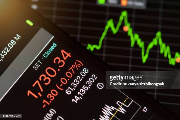stock market graph on moble phone. - low risk stock pictures, royalty-free photos & images