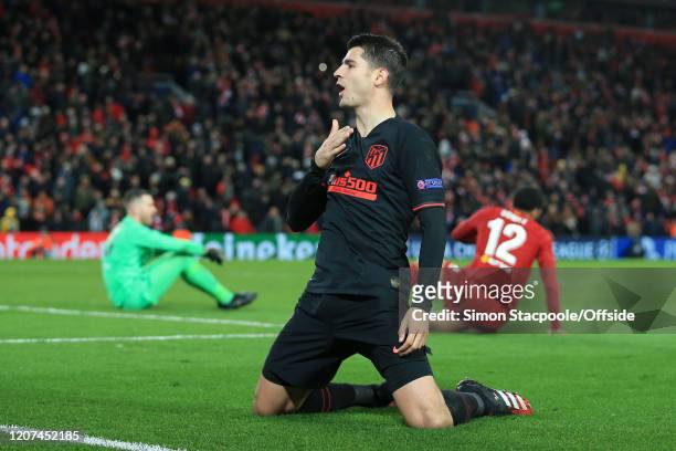 Alvaro Morata of Atletico celebrates after scoring their 3rd goal during the UEFA Champions League round of 16 second leg match between Liverpool FC...