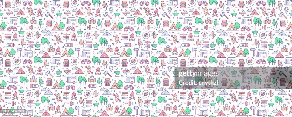 Conjunto vectorial de plantillas de diseño y elementos para Camping en estilo lineal de moda - Patrones sin costuras con iconos lineales relacionados con Camping - Vector