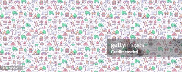 vector set of design templates and elements for camping in trendy linear style - seamless patterns with linear icons related to camping - vector - compass background stock illustrations