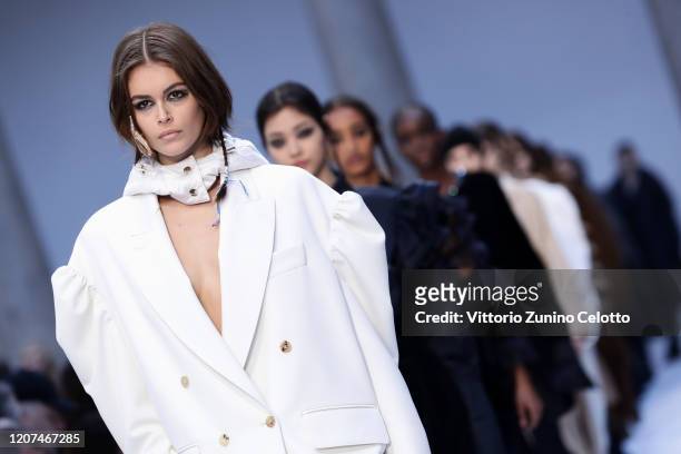Kaia Gerber walks the runway during the Max Mara fashion show as part of Milan Fashion Week Fall/Winter 2020-2021 on February 20, 2020 in Milan,...