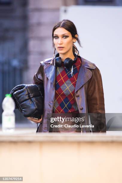 Model Bella Hadid is seen outside Max Mara fashion show during Milan Fashion Week Fall/Winter 2020-2021 on February 20, 2020 in Milan, Italy.