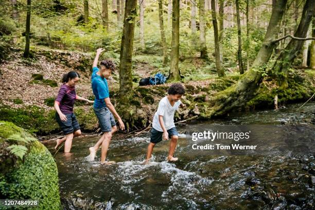 mother and two sons walking barefoot i river while hiking - kids at river photos et images de collection