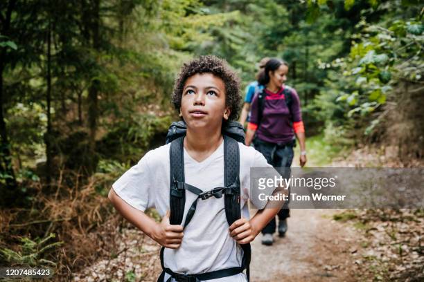 young boy looking around while hiking with family - familie wandern stock-fotos und bilder