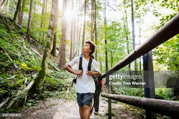 young boy enjoying the view while hiking - fresh air stock-fotos und bilder