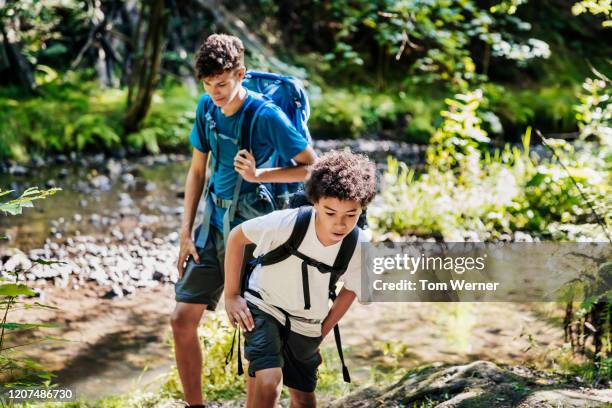 two brothers hiking by river together - kids at river photos et images de collection