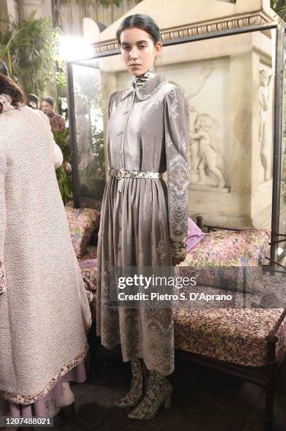 Model walks the runway during the Luisa Beccaria fashion show as part of Milan Fashion Week Fall/Winter 2020-2021 on February 20, 2020 in Milan,...