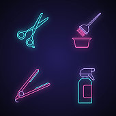 Hairdress neon light icons set. Haircut, hair dyeing, straightening. Scissors, coloring tools, straightener, spray bottle. Barbershop. Hairstyling. Glowing signs. Vector isolated illustrations