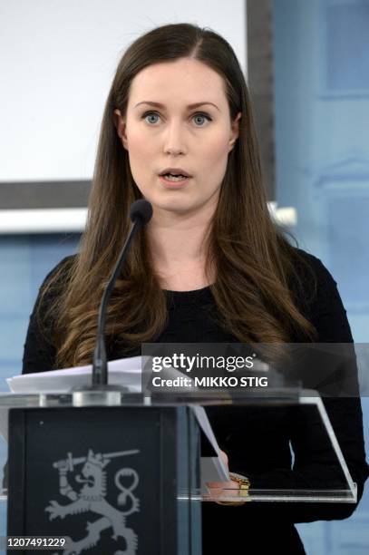 Finland's Prime Minister Sanna Marin gives a press conference in Helsinki, Finland on March 17 to announce the Finnish Government's updated measures...