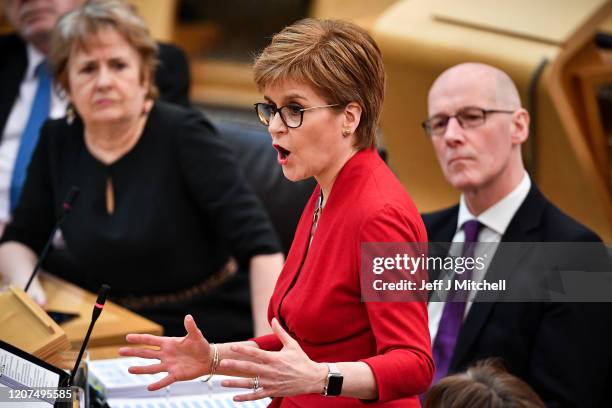 First Minister Nicola Sturgeon attends First Minister's Questions at the Scottish Parliament on February 20, 2020 in Edinburgh, Scotland.