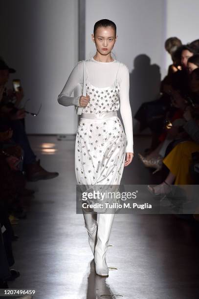 Model walks the runway during the Brognano fashion show as part of Milan Fashion Week Fall/Winter 2020-2021 on February 20, 2020 in Milan, Italy.
