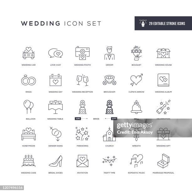 hochzeit editierbare strich linie icons - invitation icon stock-grafiken, -clipart, -cartoons und -symbole