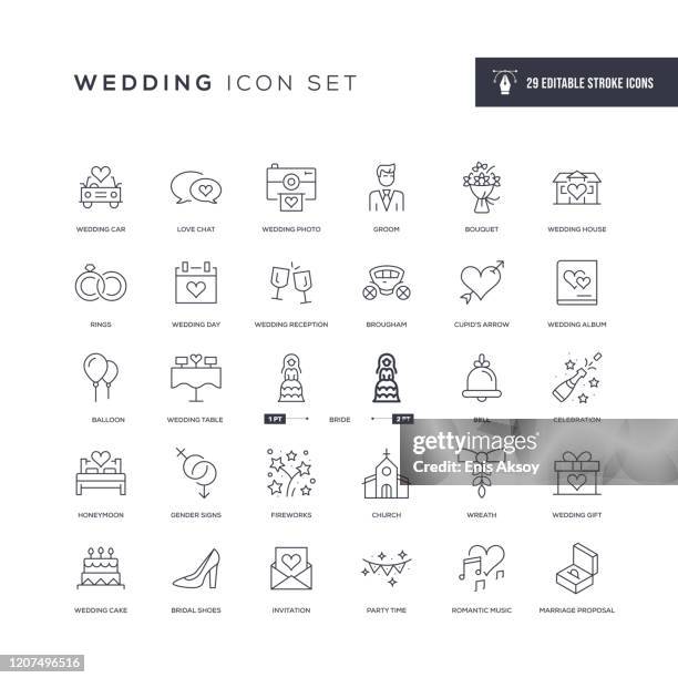 ilustraciones, imágenes clip art, dibujos animados e iconos de stock de boda editable trazo línea iconos - novios