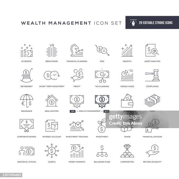 wealth management editable stroke line icons - aktienschein stock-grafiken, -clipart, -cartoons und -symbole