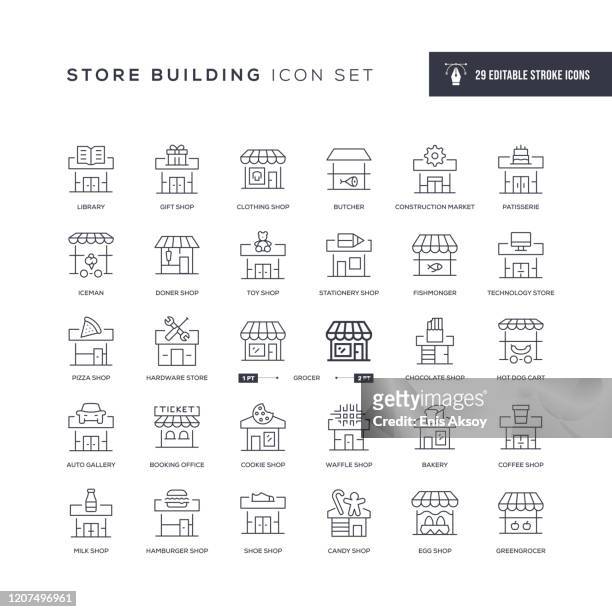store building editable stroke line icons - kiosk stock-grafiken, -clipart, -cartoons und -symbole