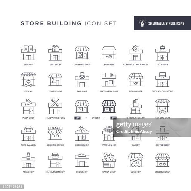 stockillustraties, clipart, cartoons en iconen met opgeslagen bouwbewerkbare lijnpictogrammen - winkelcentrum
