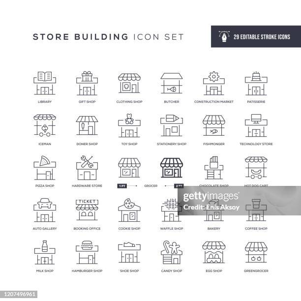 stockillustraties, clipart, cartoons en iconen met opgeslagen bouwbewerkbare lijnpictogrammen - store icon