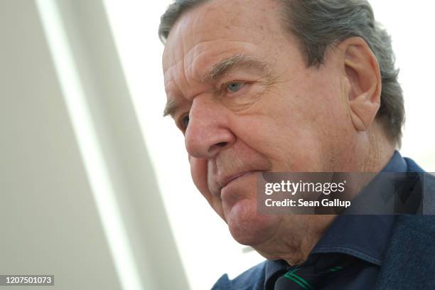 Former German Chancellor Gerhard Schroeder speaks to foreign journalists at the Steigenberger Hotel on February 20, 2020 in Berlin, Germany....