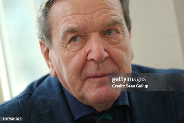 Former German Chancellor Gerhard Schroeder speaks to foreign journalists at the Steigenberger Hotel on February 20, 2020 in Berlin, Germany....