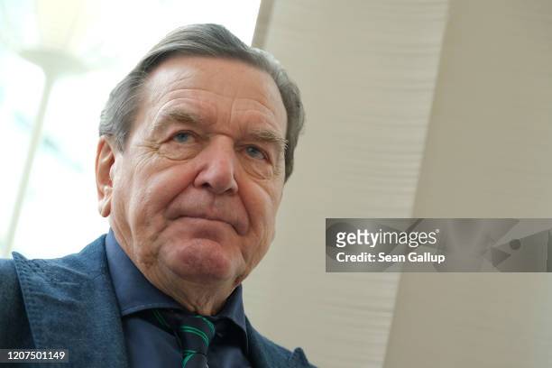Former German Chancellor Gerhard Schroeder speaks to foreign journalists at the Steigenberger Hotel on February 20, 2020 in Berlin, Germany....