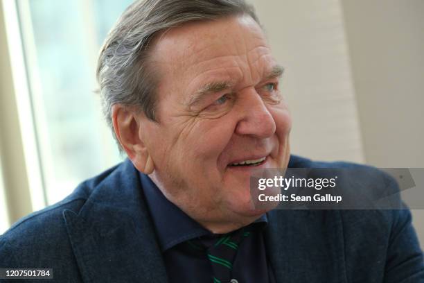 Former German Chancellor Gerhard Schroeder speaks to foreign journalists at the Steigenberger Hotel on February 20, 2020 in Berlin, Germany....