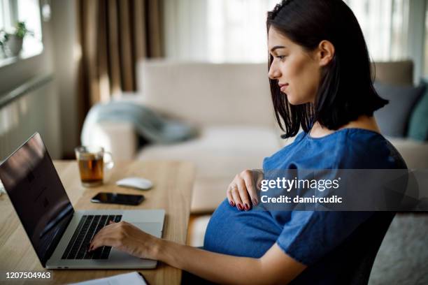 pregnant woman using laptop at home - working mother stock pictures, royalty-free photos & images