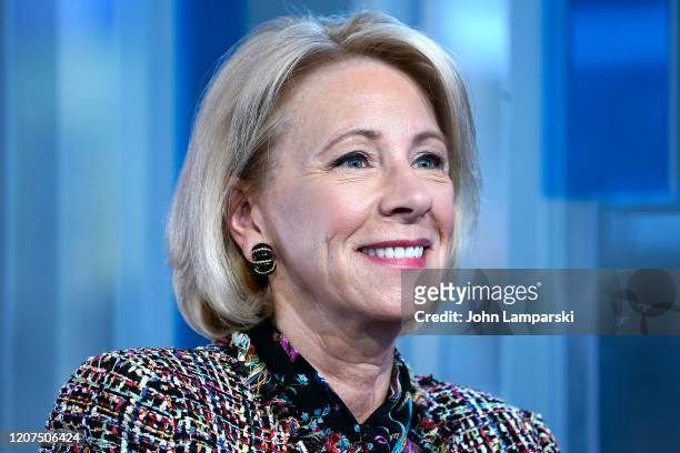 Anchor Maria Bartiromo interviews Education Secretary Betsy Devos during "Mornings With Maria" at Fox Business Network Studios on February 20, 2020...