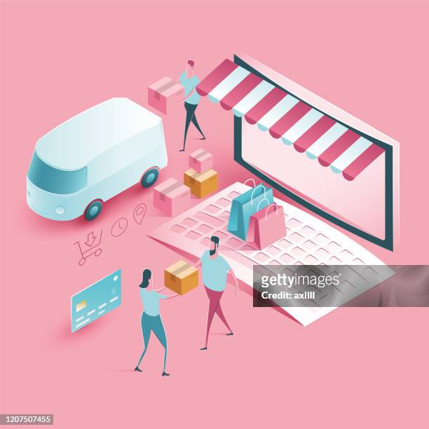 illustrazioni stock, clip art, cartoni animati e icone di tendenza di consegna e shopping di negozi online - illustrazione isometrica - fare spese