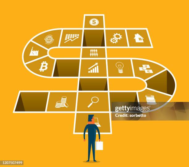 stockillustraties, clipart, cartoons en iconen met zakenman - hopscotch spel - pitfall