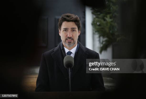 Canadian Prime Minister Justin Trudeau speaks during a news conference on COVID-19 situation in Canada from his residence March 17, 2020 in Ottawa,...