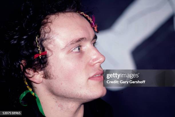 Close-up of English New Wave musician Adam Ant , of the group Adam and the Ants, at the Mudd Club, New York, New York, April 1, 1981.