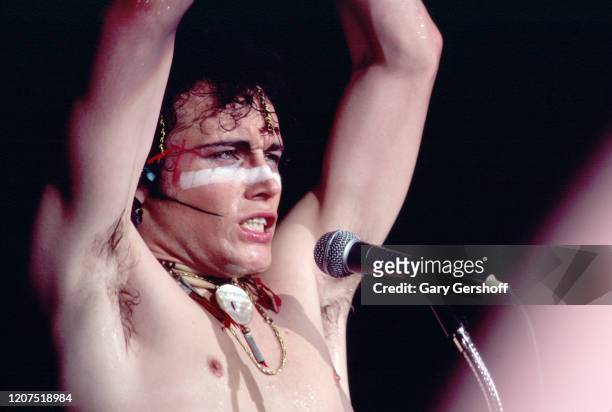 English New Wave musician Adam Ant , of the group Adam and the Ants, performs onstage at the Ritz, New York, New York, April 8, 1981.
