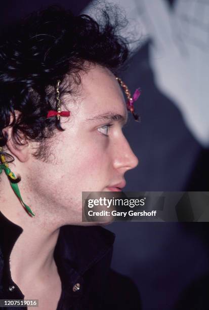 Close-up of English New Wave musician Adam Ant , of the group Adam and the Ants, at the Mudd Club, New York, New York, April 1, 1981.