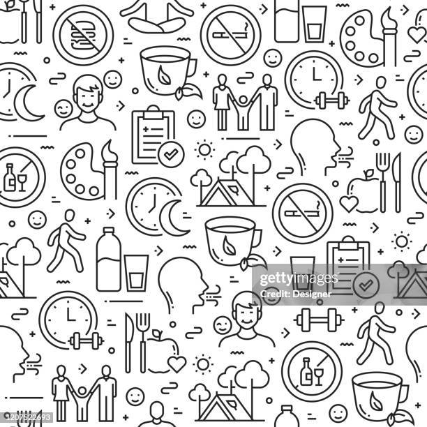 healthy lifestyle related seamless pattern and background with line icons. editable stroke - wellbeing background stock illustrations