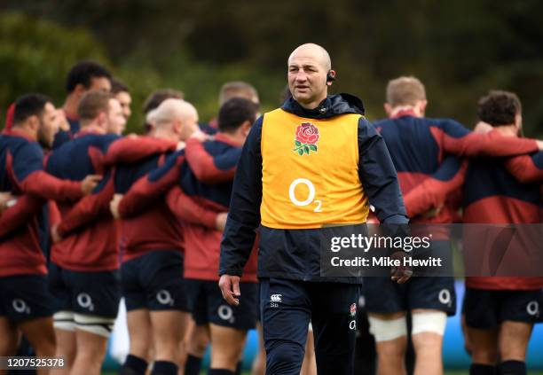 Steve Borthwick line-out coach in a training session during an England Media Access Day at Pennyhill Park on February 20, 2020 in Bagshot, England.