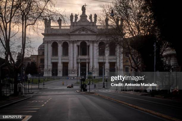 General view of the Basilica di San Giovanni in Laterano area completely empty and without traffic during coronavirus emergency, on March 17, 2020 in...