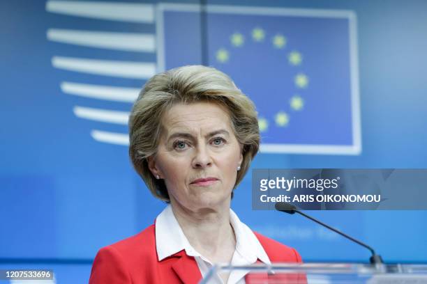 President of European Commission Ursula Von der Leyen gives a press conference after EU leaders' video conference on COVID-19, caused by the novel...