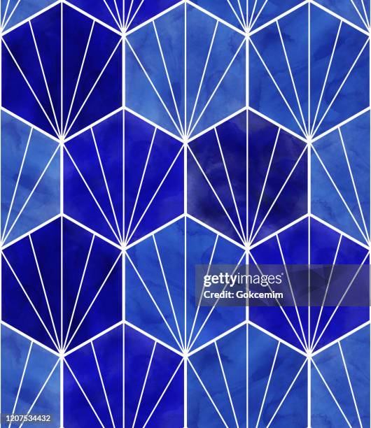 stockillustraties, clipart, cartoons en iconen met aquarel blue hexagon naadloos patroon. abstracte achtergrond, design element.vector tile honingraat patroon, lissabon arabisch geometrische zeshoekige mozaïek, mediterrane naadloze marine blauw ornament. - spaanse cultuur