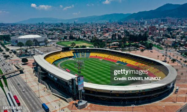 Aerial view of El Campin stadium in Bogota on March 17, 2020. - The Copa America due to kick off in June in Argentina and Colombia was on Tuesday...