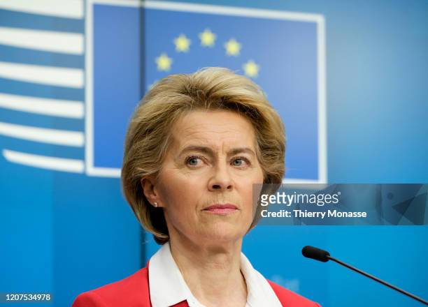 President of the European Commission Ursula von der Leyen is talking to media after EU leaders' video conference on COVID-19, caused by the novel...
