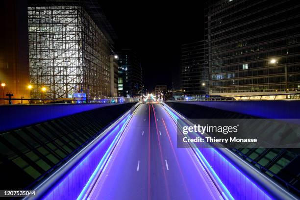 The empty 'Rue de la Loi' is seen on March 17, 2020 in Brussels, Belgium. From 00:00 on March 15 all public spaces such as restaurant, cafés and...