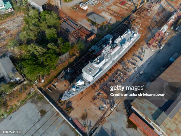 aerial view shipyard have crane machine. - marine engineering stockfoto's en -beelden