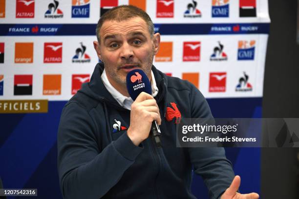 Raphael Ibanez, general manager of the French rugby team announces the team for the Nat West Six Nations match against Wales during a press...