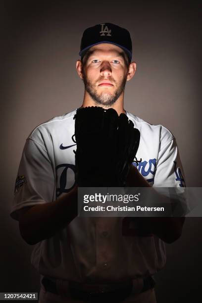 Pitcher Clayton Kershaw of the Los Angeles Dodgers poses for a portrait during MLB media day on February 20, 2020 in Glendale, Arizona.