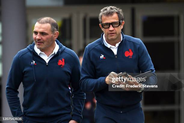 Fabien Galthie Head Coach and Raphael Ibanez General Manager of the French rugby team arrive for a press conference at the National Rugby Center on...