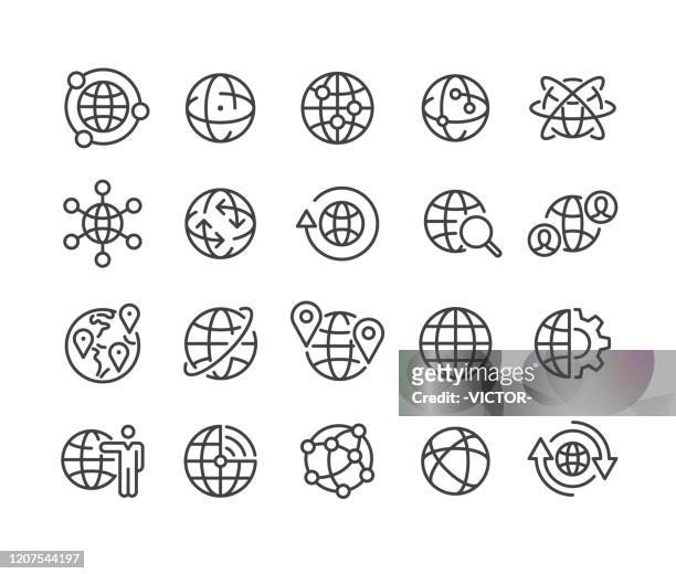 globe and communication icons set - classic line series - spinning icon stock illustrations