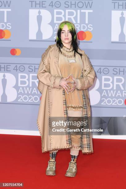 Billie Eilish attends The BRIT Awards 2020 at The O2 Arena on February 18, 2020 in London, England.